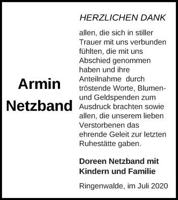 Traueranzeige von Armin Netzband von Templiner Zeitung