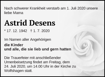 Traueranzeige von Astrid Desens von Prenzlauer Zeitung