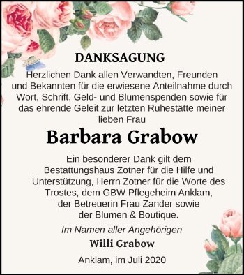 Traueranzeige von Barbara Grabow von Vorpommern Kurier