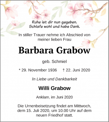 Traueranzeige von Barbara Grabow von Vorpommern Kurier