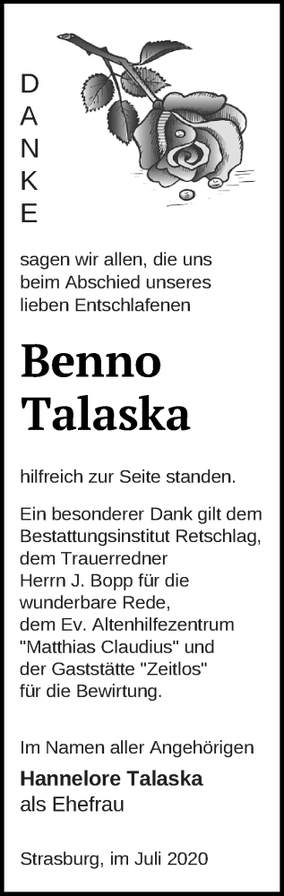 Traueranzeige von Benno Talaska von Pasewalker Zeitung