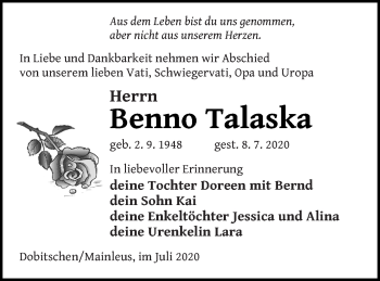 Traueranzeige von Benno Talaska von Pasewalker Zeitung