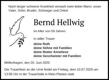 Traueranzeige von Bernd Hellwig von Müritz-Zeitung