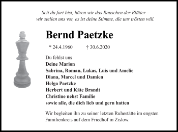 Traueranzeige von Bernd Paetzke von Müritz-Zeitung