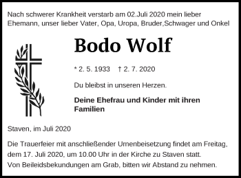 Traueranzeige von Bodo Wolf von Neubrandenburger Zeitung