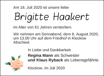 Traueranzeige von Brigitte Haakert von Prenzlauer Zeitung