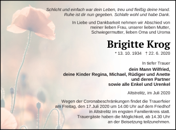 Traueranzeige von Brigitte Krog von Strelitzer Zeitung