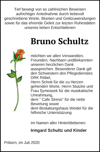 Traueranzeige von Bruno Schultz von Müritz-Zeitung