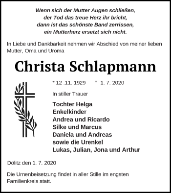 Traueranzeige von Christa Schlapmann von Mecklenburger Schweiz