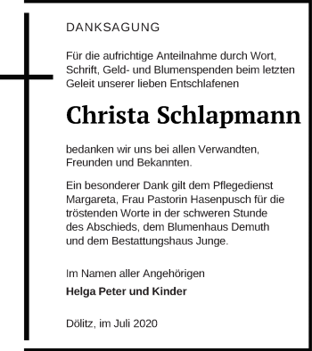 Traueranzeige von Christa Schlapmann von Mecklenburger Schweiz