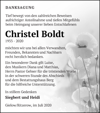 Traueranzeige von Christel Boldt von Mecklenburger Schweiz