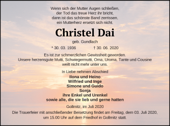 Traueranzeige von Christel Dai von Prenzlauer Zeitung