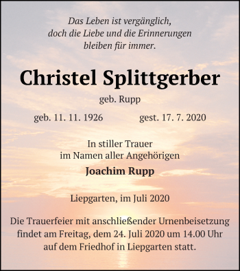 Traueranzeige von Christel Splittgerber von Haff-Zeitung