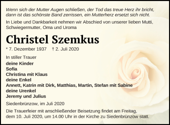 Traueranzeige von Christel Szemkus von Demminer Zeitung