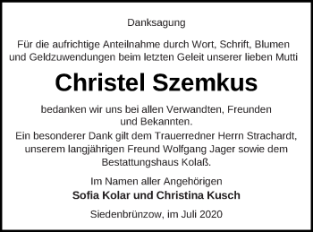 Traueranzeige von Christel Szemkus von Demminer Zeitung