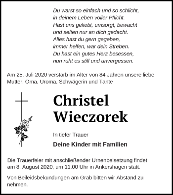 Traueranzeige von Christel Wieczorek von Müritz-Zeitung