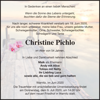 Traueranzeige von Christine Pichlo von Prenzlauer Zeitung