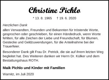 Traueranzeige von Christine Pichlo von Prenzlauer Zeitung