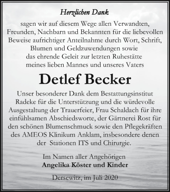 Traueranzeige von Detlef Becker von Vorpommern Kurier