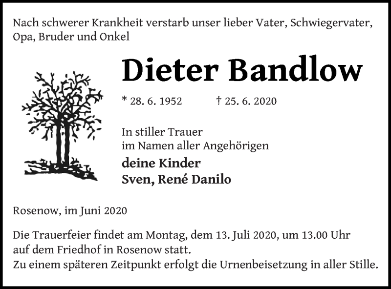  Traueranzeige für Dieter Bandlow vom 07.07.2020 aus Neubrandenburger Zeitung