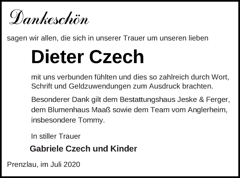 Traueranzeige für Dieter Czech vom 22.07.2020 aus Prenzlauer Zeitung