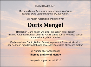 Traueranzeige von Doris Mengel von Haff-Zeitung