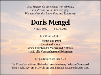 Traueranzeige von Doris Mengel von Haff-Zeitung