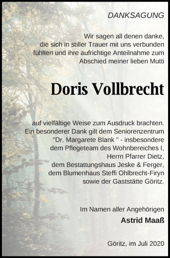 Traueranzeige von Doris Vollbrecht von Prenzlauer Zeitung