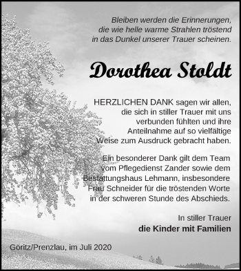 Traueranzeige von Dorothea Stoldt von Prenzlauer Zeitung