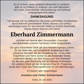 Traueranzeige von Eberhard Zimmermann von Vorpommern Kurier