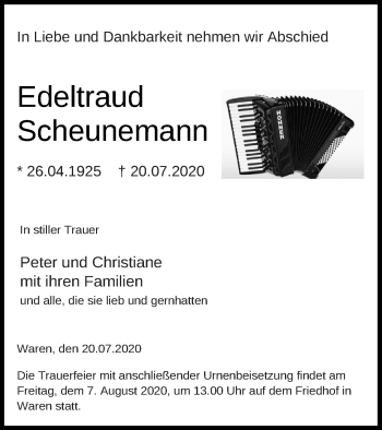 Traueranzeige von Edeltraud Scheunemann von Müritz-Zeitung
