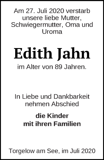 Traueranzeige von Edith Jahn von Müritz-Zeitung