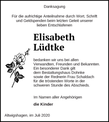 Traueranzeige von Elisabeth Lüdtke von Haff-Zeitung