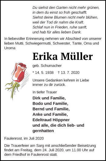 Traueranzeige von Erika Müller von Mecklenburger Schweiz