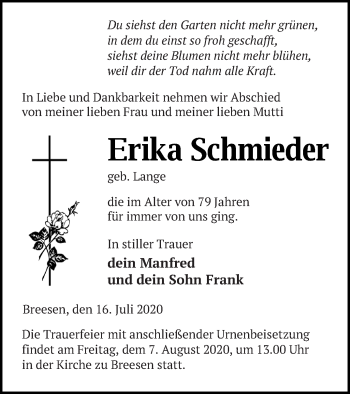 Traueranzeige von Erika Schmieder von Neubrandenburger Zeitung