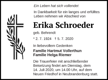 Traueranzeige von Erika Schroeder von Neubrandenburger Zeitung