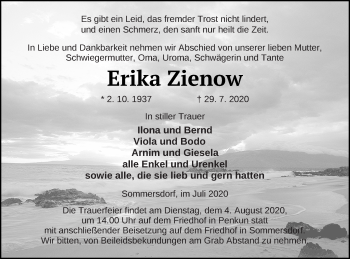 Traueranzeige von Erika Zienow von Pasewalker Zeitung