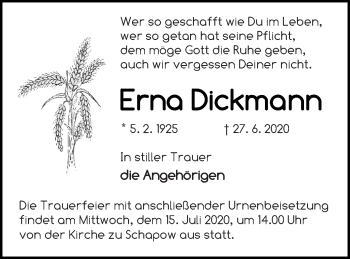 Traueranzeige von Erna Dickmann von Prenzlauer Zeitung