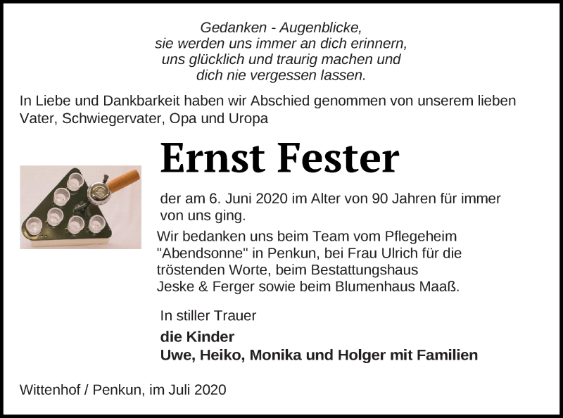 Traueranzeigen Von Ernst Fester Trauer Nordkurier