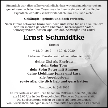 Traueranzeige von Ernst Schmidtke von Prenzlauer Zeitung