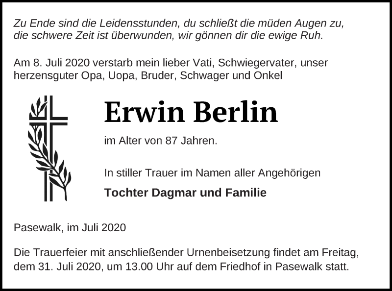  Traueranzeige für Erwin Berlin vom 14.07.2020 aus Pasewalker Zeitung