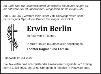 Traueranzeige von Erwin Berlin von Pasewalker Zeitung