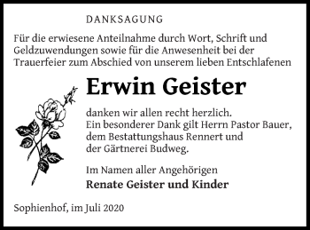 Traueranzeige von Erwin Geister von Vorpommern Kurier