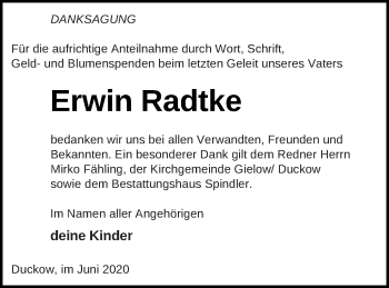 Traueranzeige von Erwin Radtke von Mecklenburger Schweiz