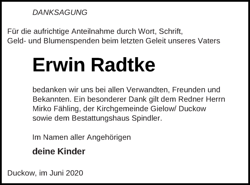  Traueranzeige für Erwin Radtke vom 01.07.2020 aus Mecklenburger Schweiz