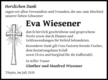 Traueranzeige von Eva Wiesener von Demminer Zeitung