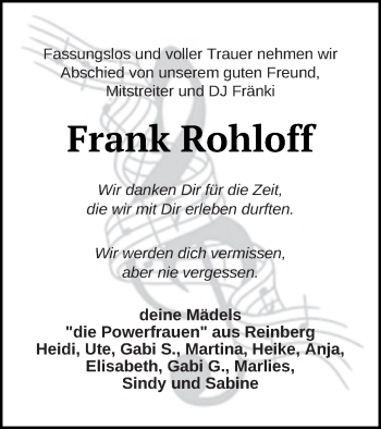 Traueranzeige von Frank Rohloff von Neubrandenburger Zeitung