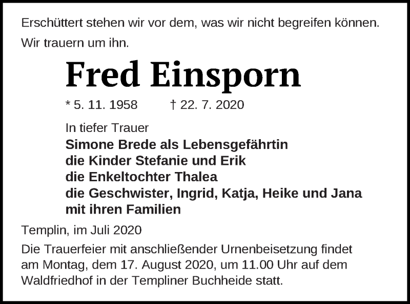  Traueranzeige für Fred Einsporn vom 31.07.2020 aus Templiner Zeitung