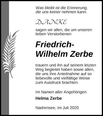 Traueranzeige von Friedrich-Wilhelm Zerbe von Pasewalker Zeitung