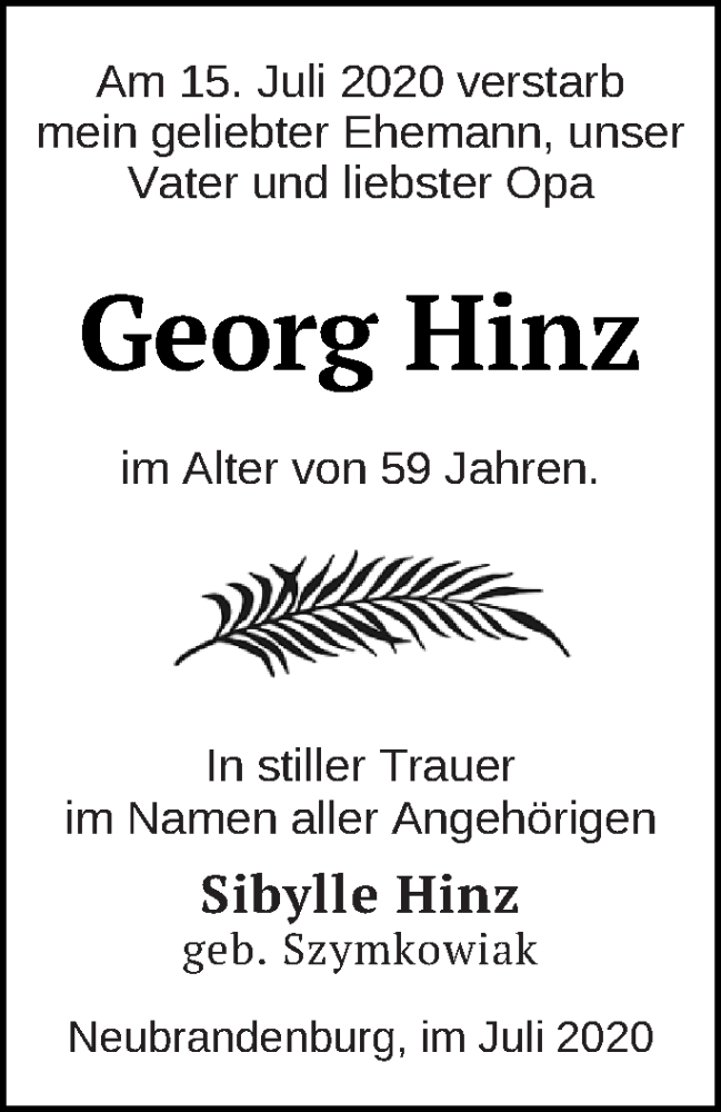  Traueranzeige für Georg Hinz vom 22.07.2020 aus Neubrandenburger Zeitung